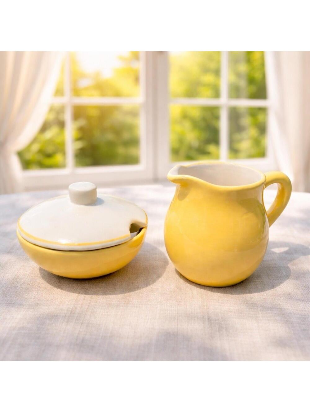 Von Pok and Chang 1980s White Yellow Ceramic Creamer & Sugar Bowl Set
